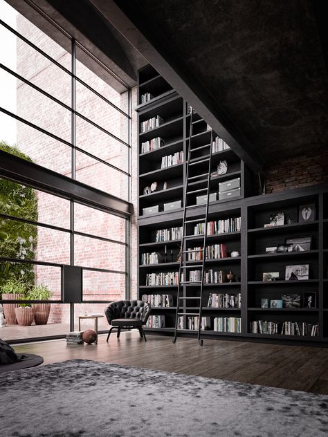 Loft Interior, Home Library Design, Appartement Design, تصميم للمنزل العصري, Urban Loft, Design Room, Dream House Rooms, Dark Interiors, Loft Design