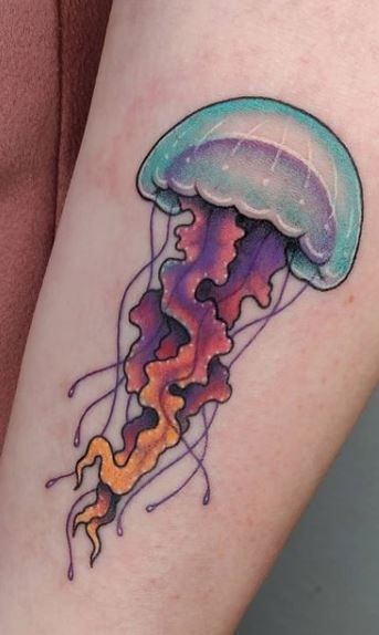 Discover the art of transformation with jellyfish tattoos in our article. Explore it and find 50+ stylish designs with meanings explained. Jellyfish Tattoo For Men, Jellyfish Tattoo Neotraditional, Neo Traditional Jellyfish Tattoo, Jelly Fish Tattoo Traditional, Neo Traditional Jellyfish, New School Tattoo Designs Drawings, New School Tattoo Sleeve, Jellyfish Tattoo Color, Traditional Jellyfish Tattoo