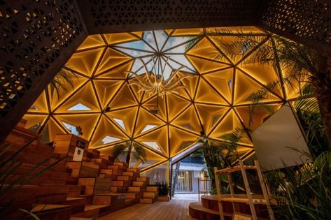 interior of yellow geometric dome with skylight Rounded Architecture, Geometric Dome, Parametric Architecture, Parametric Design, Geodesic Dome, Conceptual Design, Yanko Design, Architecture Portfolio, Architectural Designs