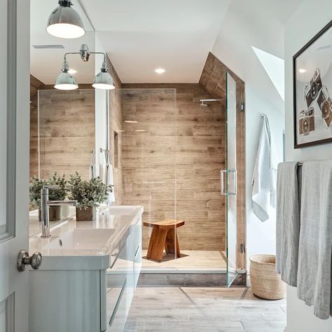 75 Brown Floor Bathroom Ideas You'll Love - September, 2024 | Houzz Brown Shower Tile Bathroom, Light Wood Tile, Brown Shower Tile, Tile Shower Walls, Wood Tile Shower, Tile Bathroom Ideas, Brown Shower, Wood Tile Bathroom, Brown Floors