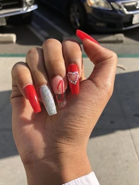 Red Long Acrylic, Boyfriend Initials, Different Color Nails, Acrylic Coffin Nails, Red And White Nails, Nail Problems, Red Acrylic Nails, Nail Designs Valentines, Red Nail Designs