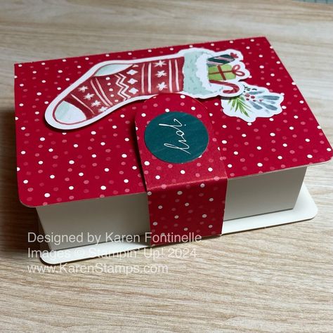 Christmas Stocking Book Treat Box | Stamping With Karen Stampin Up Treat Boxes Tutorials, Book Treat Boxes Stampin, Su Book Treat Boxes, Stampin Up Book Treat Boxes 2024, Stampin Up Book Treat Boxes, Book Box Ideas, Treat Boxes Diy, Christmas Treats Holders, Christmas Treats Boxes