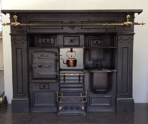 Victorian Kitchen Fireplace, Victorian Scullery, 1800 Kitchen, Victorian Kitchen Cabinets, Irish Cottage Interiors, Cooking Hearth, Victorian Kitchens, Steampunk Kitchen, Mansion Kitchen