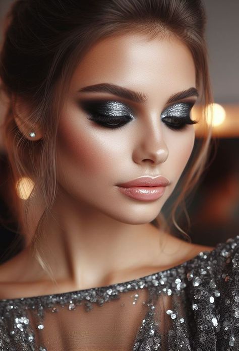 Dress to impress! Elevate your evening look with a charcoal grey smokey eye and silver glitter. This glamorous combination is guaranteed to turn heads. Makeup Look For Grey Dress, Easy Smokey Eye Makeup, Silver Smoky Eye, Glittery Smokey Eye, Eye Makeup Tutorial For Beginners, Easy Smokey Eye, Silver Smokey Eye, Grey Smokey Eye, Grey Eye Makeup