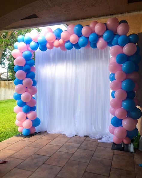 Simple yet beautiful! Our pipe & drape and square balloon arch for this gender reveal soiree. #soireepartyrental #partyrentals… Square Balloon Arch, Pink Or Blue Gender Reveal Decorations, Pink And Blue Gender Reveal Balloon Arch, Gender Reveal Balloon Circle Arch, Pastel Pink And Blue Gender Reveal Decorations, Gender Reveal Themes Pink And Blue, Soiree Party, Twins Boy, Baby Reveal Cakes