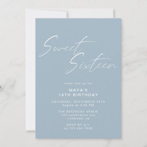 $2.98 | Dusty Blue Sweet Sixteen Simple Chic 16th Birthday - modern minimal sweet 16 invites, girly sweet sixteen invitations, girls 16th birthday invitations, subtle stylish simple chic classy, cute simplistic sixteenth birthday party, handwritten script font typography basic, elegant teen girl birthday invitations, text only pretty feminine quirky, pale pastel light dusty blue, delicate muted trendy periwinkle steel Blue Sweet Sixteen, Birthday Invitation Background, 82nd Birthday, Birthday Venues, 16th Birthday Invitations, Bday Invitations, Sweet Sixteen Invitations, Sixteenth Birthday