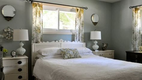 Small Bedroom Bed, Blue Bedroom Walls, Favorite Paint Colors, Cottage Bedroom, Romantic Bedroom, Bedroom Windows, Simple White, Curtains Bedroom, Bedroom Bed