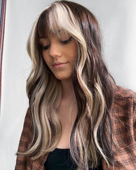 30 Head-Turning Ideas of Chunky Highlights to Update Your Look in 2023 Mid Length Edgy Hair, Blond Highlights On Brown Hair With Bangs, Brown And Blond Color Block Hair, Hair Dyed With Bangs, Long Brown Hair With Highlights And Bangs, Brown Hair With Blonde Sections, Half And Half Blonde Hair, Blond Color Block Hair, Chunky Brown And Blonde Hair