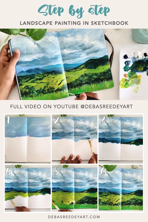 Landscape painting in Sketchbook - Step by step Guidance - Debasree Dey Art Painting In Sketchbook, Gouache Painting Techniques, Greenery Landscape, Gouache Tutorial, Distant Mountains, Watercolor Water, Simple Canvas Paintings, Green Field, Learn How To Paint