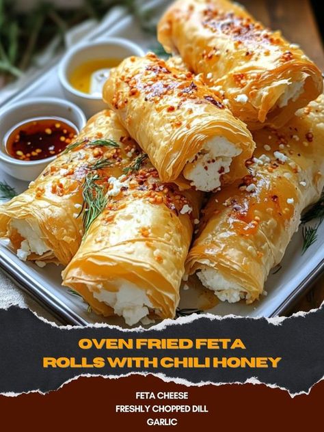 Fried Feta Rolls, Oven Fried Feta Rolls With Chili Honey, Baked Feta With Honey Air Fryer, Chili Oil And Feta Fried Egg, Oven Fried Feta Rolls, Hot Honey And Feta Filo Bites, Feta Rolls, Fried Feta, Chili Honey