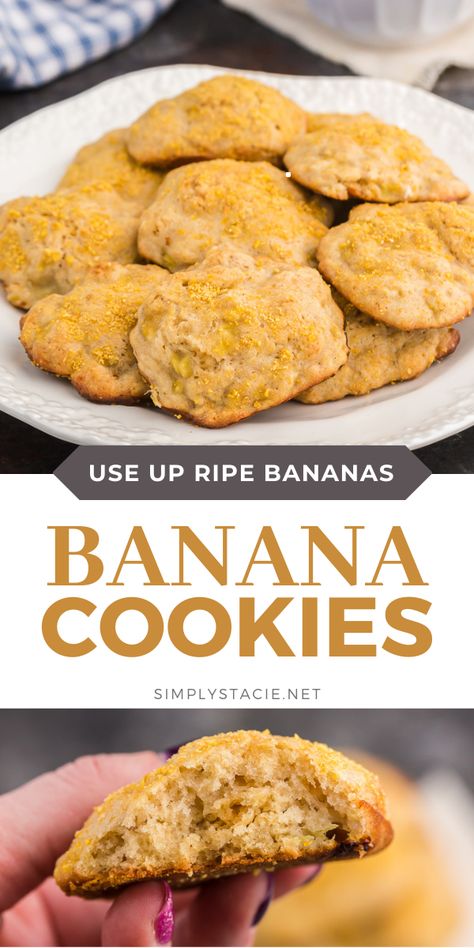 Banana Cookies - These simple cookies taste like banana bread and are the perfect way to use up your ripe bananas. Serve these soft, cake-like treats for breakfast, dessert or a quick snack. What Can I Make With 2 Ripe Bananas, Banana Recipes Eggless, Use Ripe Bananas, Banana Cookie Recipe, Ripe Banana Recipe, Recipes Using Bananas, Cookie Factory, Cookie Recipes For Kids, Healthier Treats