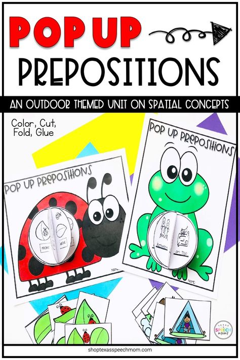 A no-prep easy craft perfect for your outdoor, summer, spring, bug-themed speech therapy lesson plans. This resource targets 8 spatial concepts (between, above, on top, under, in, out, in front, behind) with concrete and abstract visuals and sentence prompts. You can also target fine motor skills by having your speech therapy students cut the circles out, fold in half, and glue themed template. #easter #bunny #speechpathology #vocab Outdoor Themed Crafts, Speech Language Pathology Activities, Abstract Visuals, Sentence Prompts, Language Development Activities, Preschool Speech Therapy, Speech Therapy Games, Speech Language Activities, Spatial Concepts