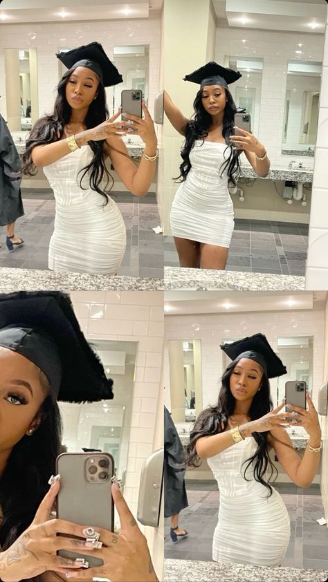 White Graduation Dress High School Black Women, White Grad Dress Black Women, Graduation Post Instagram Story, Graduation Dress Black Women High School, Grad Dress Black Women, Graduation Pictures Middle School, Highschool Graduation Outfits, White Graduation Dress Black Women, Graduation Dress Outfit Ideas