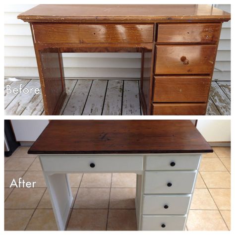 Refinished desk Wood Desk Transformation, Refinish Wooden Desk, Refurbished Antique Desk, Refinished Antique Desk, Laminate Furniture Makeover, Desk Flip, Refinished Desk, Office Decor Organization, Repupose Vintage School Desk