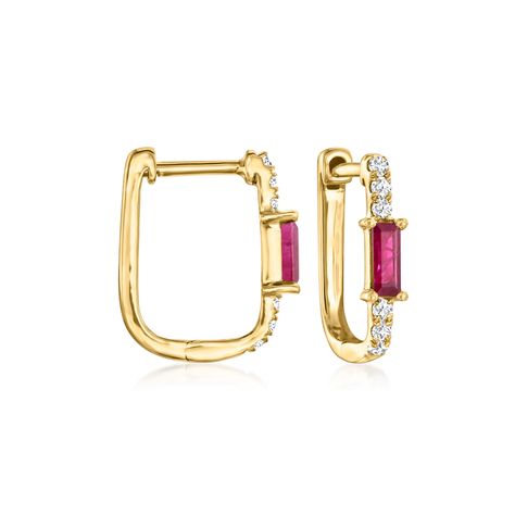 Ross-Simons - .30ct t. w. Ruby, .10ct t. w. Diamond Paper Clip Link Hoop Earrings. 3/8". RS Pure. Modern designs that complete your outfit and complement your personality. Perfect for a simple splash of gemstone color, these dainty paper clip link hoop earrings are adorned with .10 ct. t. w. round diamonds and prominent .30 ct. t. w. baguette rubies. Finely crafted in polished 14kt yellow gold. Hanging length is 3/8". Hinged post, diamond and ruby paper clip link hoop earrings. Ruby birthstones Ruby Birthstone, Earrings Design, Ruby Stone, Ruby Diamond, Red Stone, Fine Jewellery Earrings, Paper Clip, Designer Earrings, Gemstone Colors