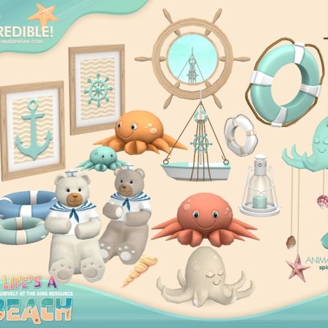 Aye aye, lil sims! New nautical and beach decor items at sight.
They will get boat, swim rings, mirror and even sea friends such as a sailor teddy, crab and octopus. Hope you enjoyed this series ^^ by SIMcredibledesigns.com

available exclusively at TheSimsResource

#sims4 #sims4cc #decor #kids #nautical #nautic #sea #thesims4 #ocean #boat #crab #lantern #buoy #octopus Sims 4 Beach Rental, Sims 4 Whale Cc, Sims 4 Beach House Decor, Sims 4 Marine Biologist, Sims 4 Beach Decor Cc, Sims 4 Fishing Cc, Sims 4 Beach Furniture, Sims 4 Coastal House Cc, Ocean Sims 4 Cc