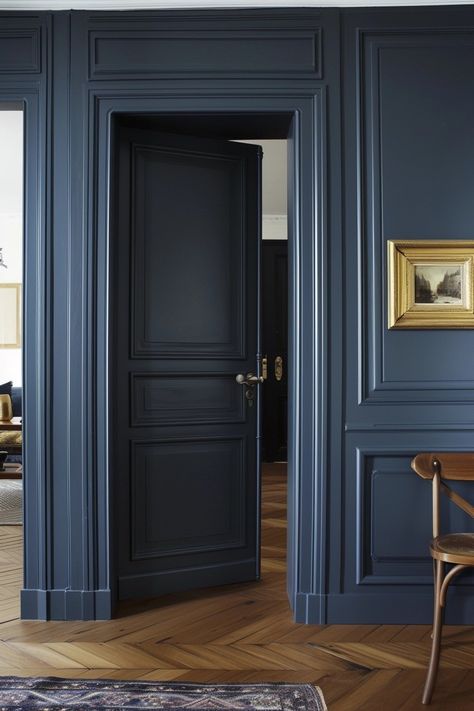 Painted Doors Interior Creative, Interior Door Colors Ideas, Blue Interior Doors, Door Color Ideas, White And Silver Bedroom, Interior Door Color, Blue Hallway, Door Painting, Hallway Colours