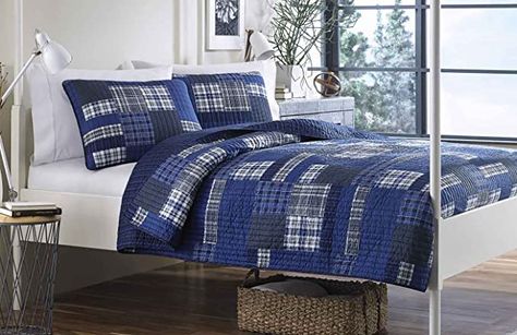 Amazon.com: Eddie Bauer Eastmont 3 Piece Cotton Reversible Quilt Set, Full/Queen, Blue (200401): Home & Kitchen Diy Home Accessories, Twin Quilt, Quilt Stitching, Reversible Quilt, Quilt Set, Queen Quilt, Diamond Quilt, Cotton Bedding, Quilt Sets