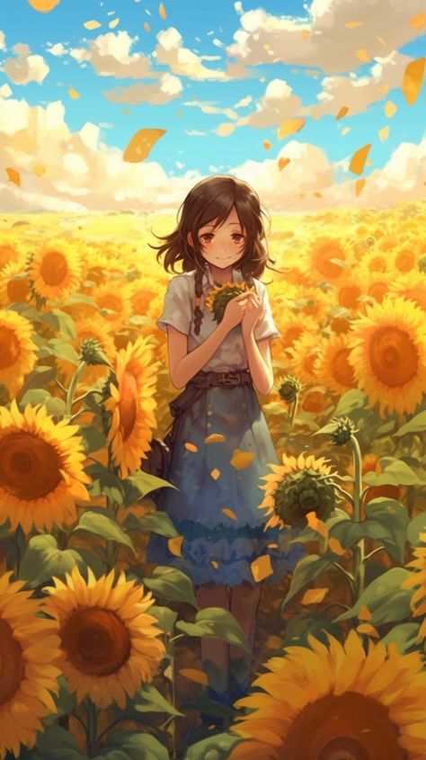 Sunflower Field, Sunflower, Yellow, Flowers, Anime