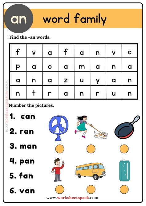 An Word Family - worksheetspack An Family Words Worksheets, An Words, An Word Family, Tutoring Activities, Reading Preschool, Phonics Learning, Word Puzzles For Kids, Puzzle Printable, Phonics Reading Passages