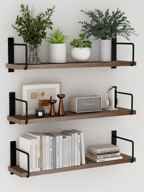 PRICES MAY VARY. [Long Floating Shelf]: Each of the EALLRINEC wooden wall shelf measures 24" x 6" with a modern minimalist design, approaching for a much safer storage. Collectibles, albums, books, toys, artwork, trophies, small plants and more can be put on it [Clutter-Free]: With the wall shelves, you can create extra space to make your workspace, home, bedroom, bathroom or kitchen more organized and clutter free, for that neat, tidy and spacious feeling [Multi Usage]: The 3 wooden shelves can Kitchen Floating Shelves, Long Floating Shelves, Wooden Wall Shelf, Wall Mounted Bookshelves, Charming Cottage, Shelves Wall, Wooden Wall Shelves, Into The Wood, Modern Minimalist Design