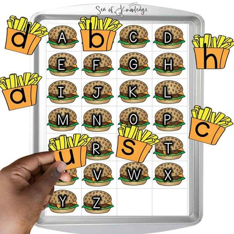 Alphabet Upper and Lowercase Printable Matching Burger and Fries Teaching Kids Letters, Name Activities Preschool, Free Printable Alphabet Worksheets, Memory Book School, Kids Restaurants, Letter Flashcards, Phonics Flashcards, Printable Alphabet Worksheets, Alphabet Recognition