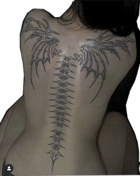 Torn Wings Tattoo, Vertebrae Tattoo On Spine, Aggrogoth Tattoo Back, Skeleton Wings Back Tattoo, Anime Style Tattoos, Aggrogoth Tattoo, V Lines, Sharpie Tattoos, Dainty Tattoos