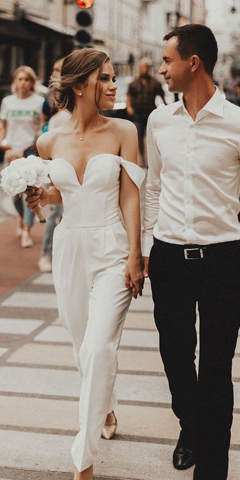 Trend 2019: 27 Wedding Pantsuit & Jumpsuit Ideas | Page 6 of 10 | Wedding Forward Jumpsuit Ideas, Jumpsuit Wedding Dress, Jeweled Wedding Dress, Wedding Pantsuit, Courthouse Wedding Dress, Dressed In White, Outdoor Wedding Dress, Civil Wedding Dresses, Cheap Wedding Dresses Online