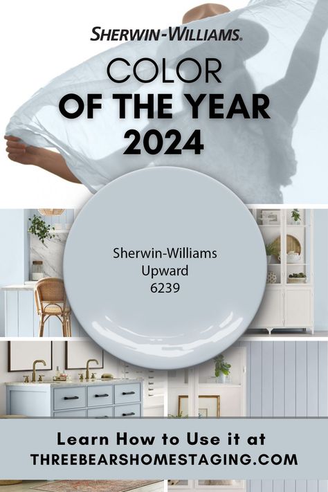 Breezy, Blissful: Sherwin-Williams 2024 Color of the Year Upward | Three Bears Home Staging® Color Of The Year 2022, Trending Paint Colors, Art Showcase, Sherwin Williams Colors, House Color Palettes, Paint Color Schemes, Blue Paint Colors, Sherwin Williams Paint Colors, House Color Schemes