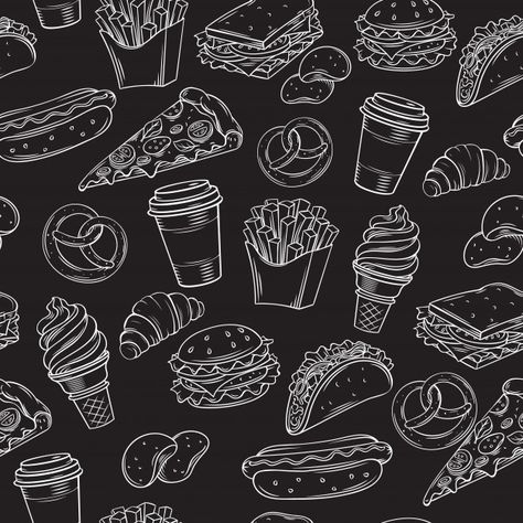 Fast food seamless pattern with | Premium Vector #Freepik #vector #background #pattern #food #vintage Fast Food Background, Food Black And White, Background For Food, Fast Food Nutrition, Black And White Food, Cat Pattern Wallpaper, Food Vintage, Background Food, Food Background