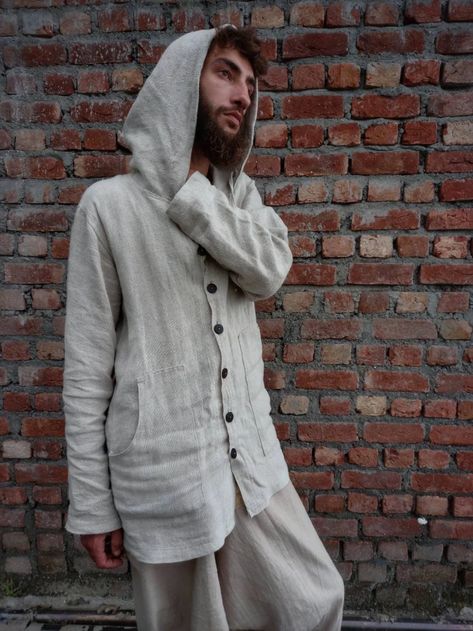 Hemp Clothes, Wool Clothes, Boho Streetwear, Mens Poncho, Minimalist Bohemian, Button Hoodie, Clothing Male, Greenhouse Effect, Hooded Tunic