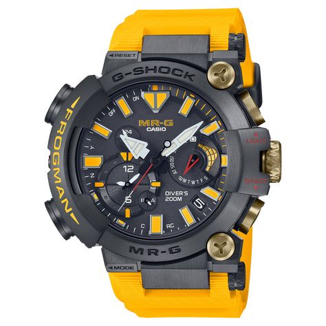 Celebrate two anniversaries in premium style with a limited-edition MR-G FROGMAN that marks the G-SHOCK 40th and the FROGMAN 30th anniversary. The timepiece comes with both a Dura Soft fluoro rubber band in the limited-edition yellow used for the original FROGMAN model and a striking bracelet-type band in titanium. Easily swap out the band using the dedicated mounting tool that comes with the set to remove the side pins while pressing the buttons on the lugs' undersides. Raised index marks a Casio G Shock Frogman, G Shock Limited Edition, G Shock Frogman, Titanium Bracelet, G Shock Watches, Casio G Shock, 30th Anniversary, 40th Anniversary, Dive Watches