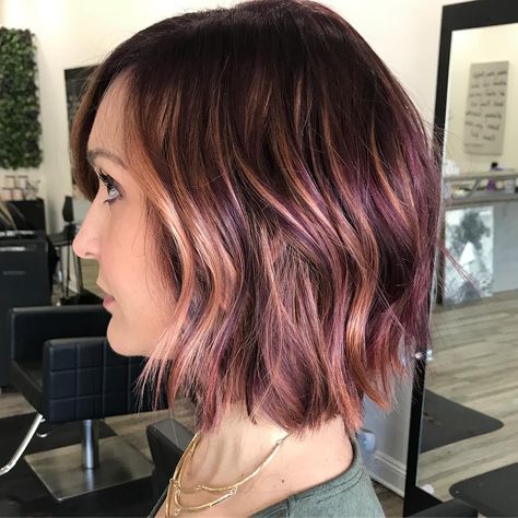 Chelsey Domschke on Instagram: “Gorgeous complimentary shades! I started applying Mask with Vibrachrom 20g 4,55 and 20g 6,22 with 10vol as a shadow root. I then went…” Rose Gold Bob Hair Brunette, Brunette And Rose Gold Hair, Rose Gold Hair Brunette Short, Rose Gold Hair Dark Roots, Rose Gold Bob, Coral Hair Color, Balayage Hair Rose, Rose Gold Hair Brunette, Rose Gold Hair Dye