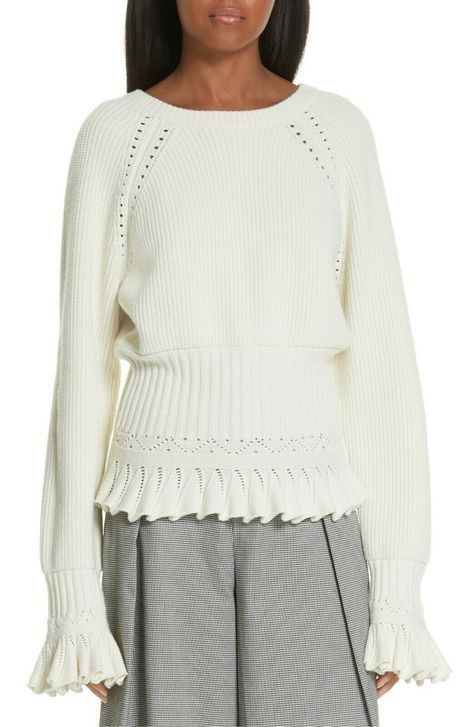 For Sale 100% Authentic NEW Opening Ceremony Pointelle Detail Ruffle Trim Sweater in Ivory -Size L  Details Color: Ivory  Size: L Underarm:20.5" across closed Hem: 20" Length from shoulder: 25.5" Sleeves: 28.5" Details & Care Panels of dainty pointelle stitching and ultra-wide ribbing detail a cozy sweater before flaring out into fluttery ruffles at the edges. Crewneck Long sleeves 62% viscose, 38% polyester Hand wash, dry flat Imported Shipping and returns Combine shipping is available, please Eyelet Sweater, Knitwear Details, Plain Sweaters, Ruffle Sweater, Crochet Clothes Patterns, Detailed Sweater, Sweaters Online, Cozy Sweater, Opening Ceremony