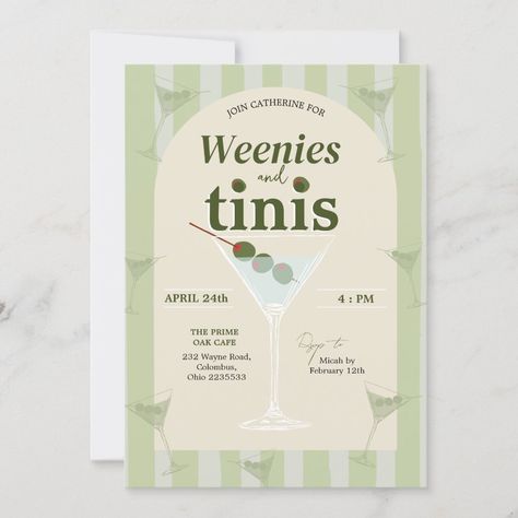 Retro Green Style Weenies and Tinis party, Martini-Themed Bachelorette Invitation, Olive Martini Tini Bit Older Invites, Tini Birthday, Tini Bit Older Decor, A Tiny Bit Older Party, Martini Bachelorette, 21st Birthday Party Themes, 28th Birthday Ideas, Martini Birthday, Olive Martini