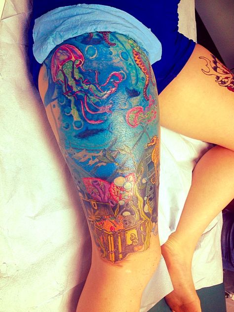 Ocean piece Ocean Themed Tattoos For Women, Ocean Themed Tattoos, Themed Tattoos, Tattoo Thigh, Thigh Tattoos, Ocean Water, Tattoos For Women, Tattoo Ideas, Tattoos