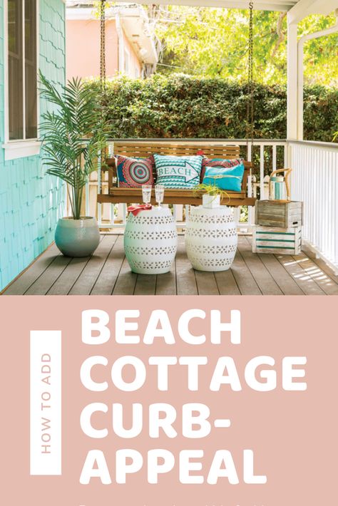 Beach Front Porch Ideas, Small Beach Bungalow, Coastal Front Porch Ideas, Beach Cottage Style Exterior, Beach House Front Porch, Cottage Curb Appeal, Coastal Cottage Exterior, Beach House Small, Cottage Exterior Colors