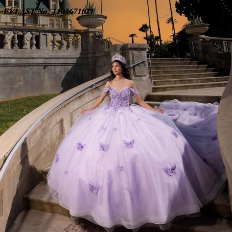 EVLAST Glitter Lilac Lavender Quinceanera Dress Ball Gown 3D Butterfly Applique Beaded Mexico Sweet Tangled Quinceanera Dress, Light Purple Quinceanera Dresses, Lilac Quinceanera Dresses, Lavender Quinceanera Dresses, Lavender Quinceanera, Purple Quinceanera, Purple Quinceanera Dresses, Lace Prom Gown, Butterfly Applique