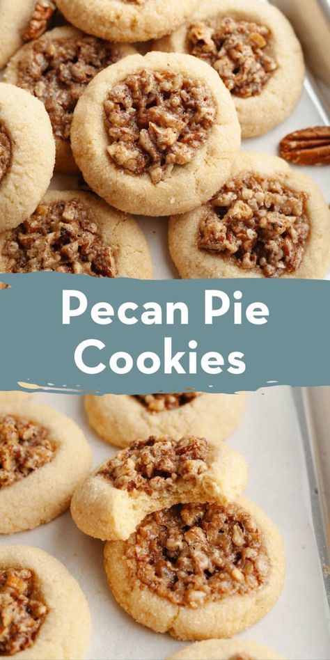 Pecan Filling For Cookies, Pecan Pie Thumbprint Cookies Recipe, Buttery Pecan Shortbread Cookies, Easy Pecan Pie Cookies, Pecan Pie Cookie Bars, Thanksgiving Shortbread Cookies, Pecan Pie Shortbread Cookies, Easy Christmas Cookies Recipes 4 Ingredients, Pecan Pie Thumbprint Cookies