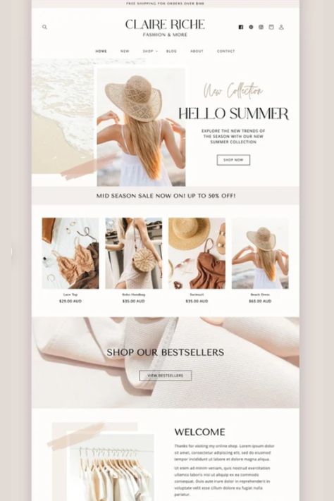 Aesthetic Shopify Theme Template - Shopify Website Design - Shopify Boutique Website Theme Aesthetic Clothing Website Design, Aesthetic Shopify Website, Shopify Jewelry Website Design, Clothing Store Website, Shopify Home Page Design, Shopify Website Design Ecommerce, Jewelry Website Design, Webpage Template, Theme Template