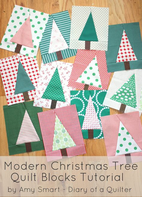 How to make a modern looking Christmas tree quilt block. Great project for using up fabric and playing with scraps. Also tips for choosing fabric. Christmas Tree Quilt Block Patterns, Christmas Tree Quilt Block, Tree Quilt Block, Mini Patchwork, Diary Of A Quilter, Baby Quilt Tutorials, Beginning Quilting, Projek Menjahit, Christmas Tree Quilt