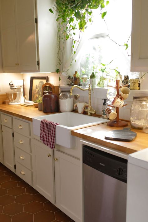 white kitchen with wood countertops, farmhouse sink, and hanging plants Siloam Springs Arkansas, Bright White Kitchen, Kitchen Butcher Block, Cozy Cottage Kitchen, Butcher Block Wood, Microwave In Kitchen, All White Kitchen, Cottage Kitchens, Kitchen Paint Colors