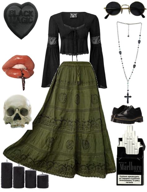 timaryuhh on ShopLook Witchy Everyday Outfits, Witchy Cottagecore Aesthetic Outfits, Dark Earthy Outfits, Green Witch Outfit, Witchcore Aesthetic Outfits, Goth Hippie Outfits, Hippie Goth Outfits, Dark Shaman, Witchcore Fashion