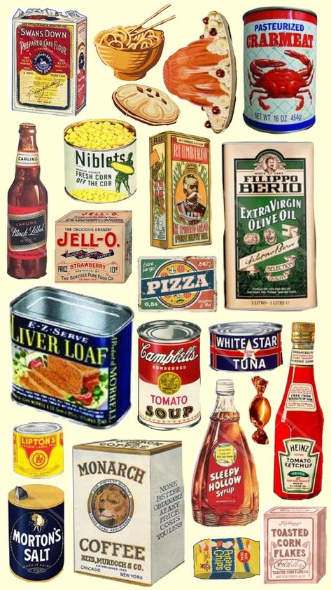 vintage food graphics #vintage #food #graphics #aesthetic #retro #can Vintage Grocery Store Aesthetic, Vintage Food Packaging Design, Vintage Snack Packaging, Retro Food Ads, Food Packaging Aesthetic, Vintage Food Packaging, Vintage Food Ads, 1970s Food, Cajun Kitchen