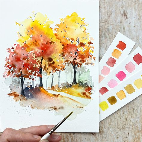 Paint this easy Autumn loose watercolour landscape in my brand new tutorial. Perfect art therapy for World Mental Health Day. Fall Watercolor Paintings Landscapes Easy, Autumn Landscape Painting Watercolour, Fall Watercolor Paintings Easy, Autumn Watercolor Paintings, Watercolor Pumpkins Autumn, Autumn Watercolour, Watercolor Horses, Orca Art, Loose Watercolour