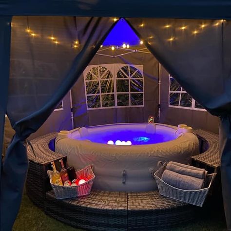 Backyard Hot Tub Enclosure for Winter Fire Pit Hot Tub Combo, Diy Hot Tub Enclosure Ideas, Patio With Inflatable Hot Tub, Decks For Hot Tubs Ideas, Hot Tub Tent Ideas, Outdoor Inflatable Hot Tub Area, Outdoor Hot Tub Decorating Ideas, Inflatable Hot Tub Ideas Backyard Diy, Inflatable Hot Tub Decorating Ideas