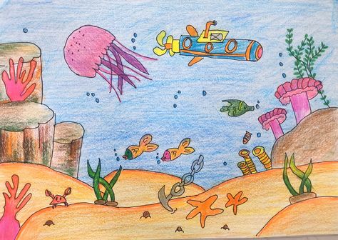 Contains Fishes 🐟🐟🐠🐠🐡🐡and plants🌱🪴☘🍀submarines moving Under Water World Drawing For Kids, Sea World Drawing, Under Sea Drawing, Under Water Drawing, Under The Sea Drawing, Under The Sea Drawings, Art Competition Ideas, World Drawing, Sea Drawing