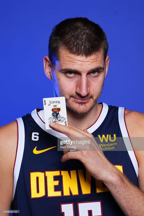 Nikola Jokic of the Denver Nuggets poses for a portrait during NBA... News Photo - Getty Images Basketball Painting Ideas, Nba Media Day, Basketball Pose, Basketball Painting, Nikola Jokic, Play Your Cards Right, Media Day, Joker Card, Nba Wallpapers