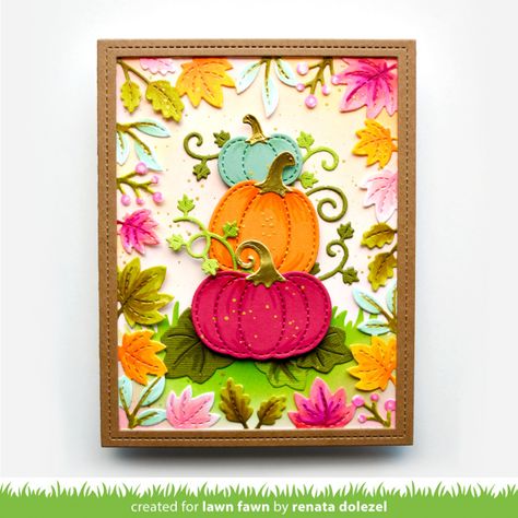 Lawn Fawn Fall Cards, Leaves Backdrop, Pumpkin Idea, Fall Backdrops, Autumn Color Palette, Autumn Blessings, Stitched Cards, Lawn Fawn Blog, Sage Leaf