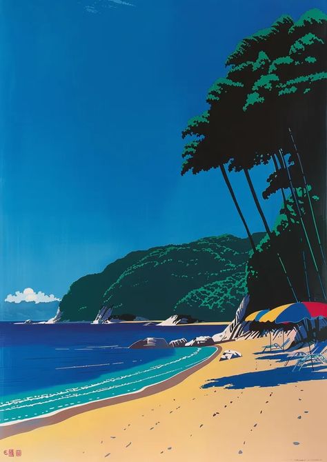 Midjourney AI Image: summer beach by hiroshi nagai, simple composition --ar 5:7 --v 6.0 → more in ai-img-gen.com Phone Simple Wallpaper, Hiroshi Nagai Wallpaper Iphone, Hiroshi Nagai Art, Hiroshi Nagai, Simple Composition, Japan Summer, Bright Blue Sky, City Pop, Retro Painting